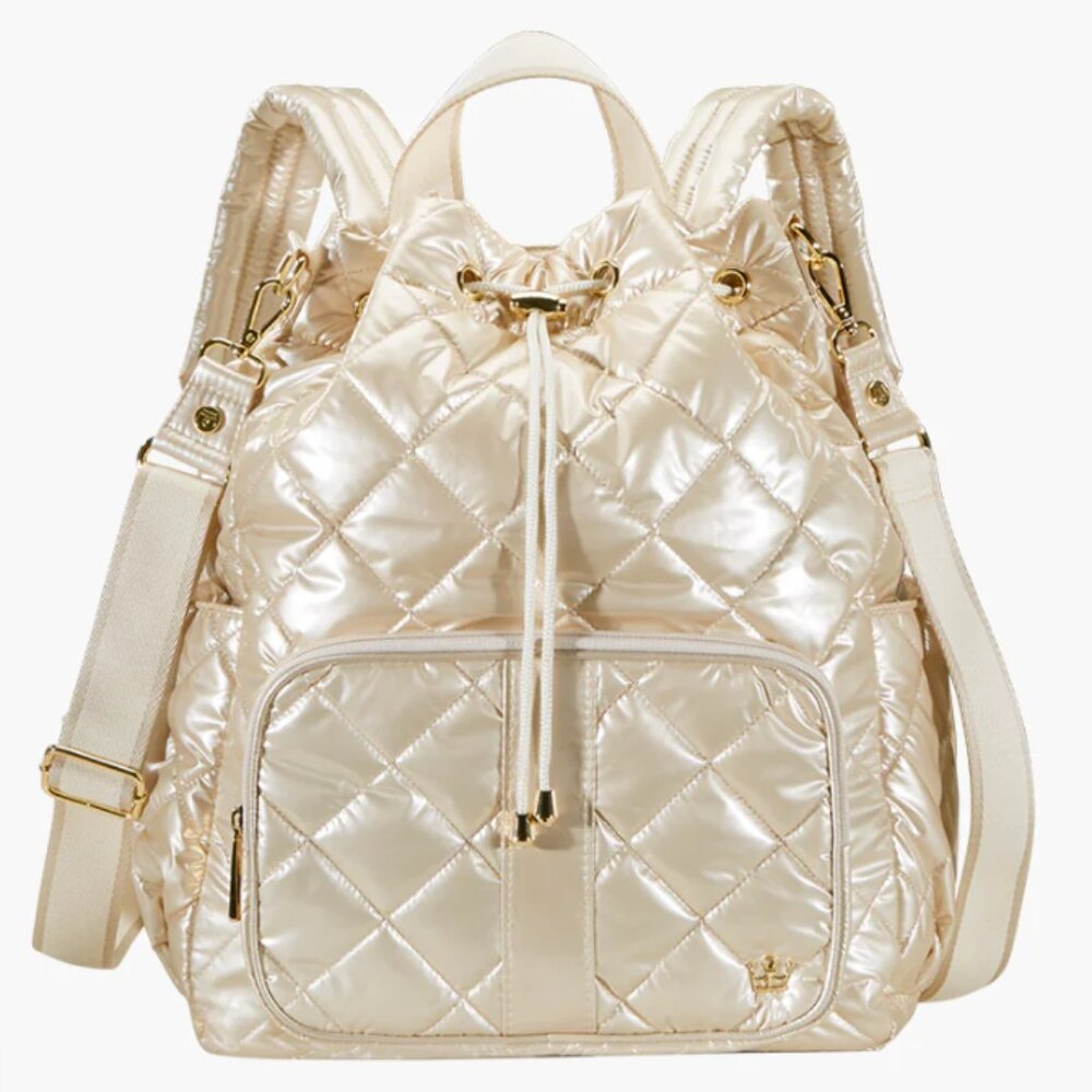 NWT Oliver Thomas Maxed Out Bucket Backpack / Crossbody in champagne metallic